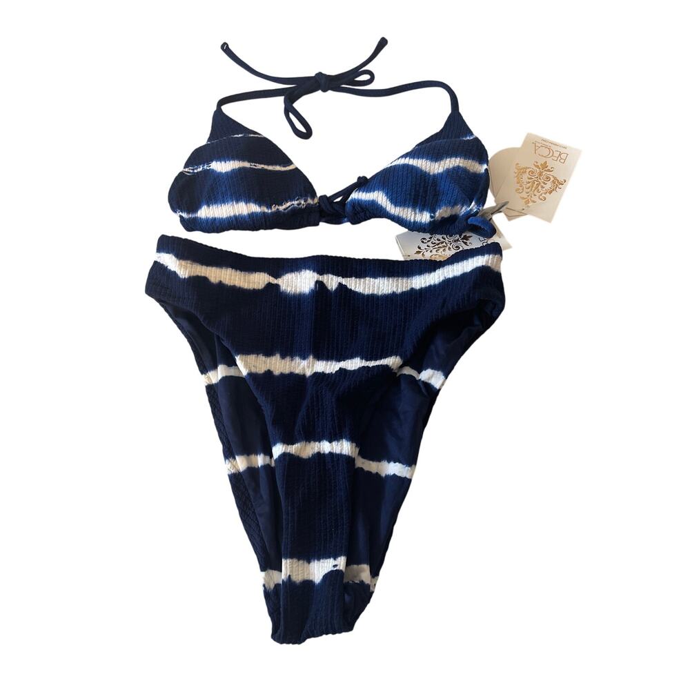 Becca Swimwear Bikini NWT Blue White Tye Dye Wash Print Size Small High Waisted